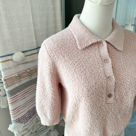 Reformation Light Pink Fuzzy Short Sleeves Collared Pullover Polo Women’s Small - Picture 2 of 8